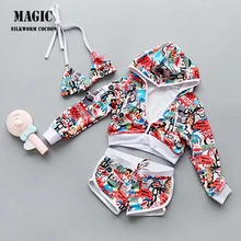 Купальник для девочек, детский купальник с юбкой с принтом, 3 предмета, Раздельный детский купальник, пляжный костюм из 3 предметов, детский купальник