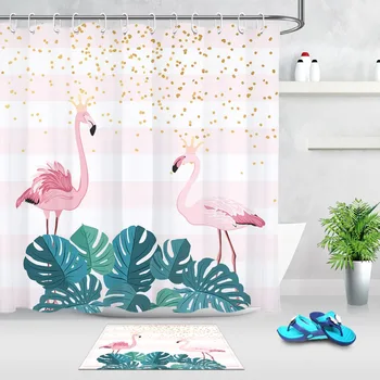 

Flamingo Monstera Crown Shower Curtain And Rug Stripes Bathroom Screen Extra Long Waterproof Polyester Fabric for Bathtub Decor
