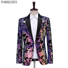 Блестящий Фиолетовый блейзер с блестками для мужчин, для ночного клуба, сцены, на одной пуговице, мужской пиджак, для свадьбы, вечеринки, выпускного вечера, Мужской Блейзер, 2XL