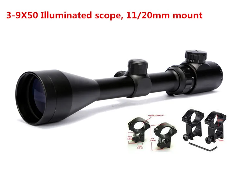 

3-9x50 Telescopic Optics Mil Dot Scope Red Green Dot Sight Illuminated Riflescope Hunting with 11 / 20mm Free Mount