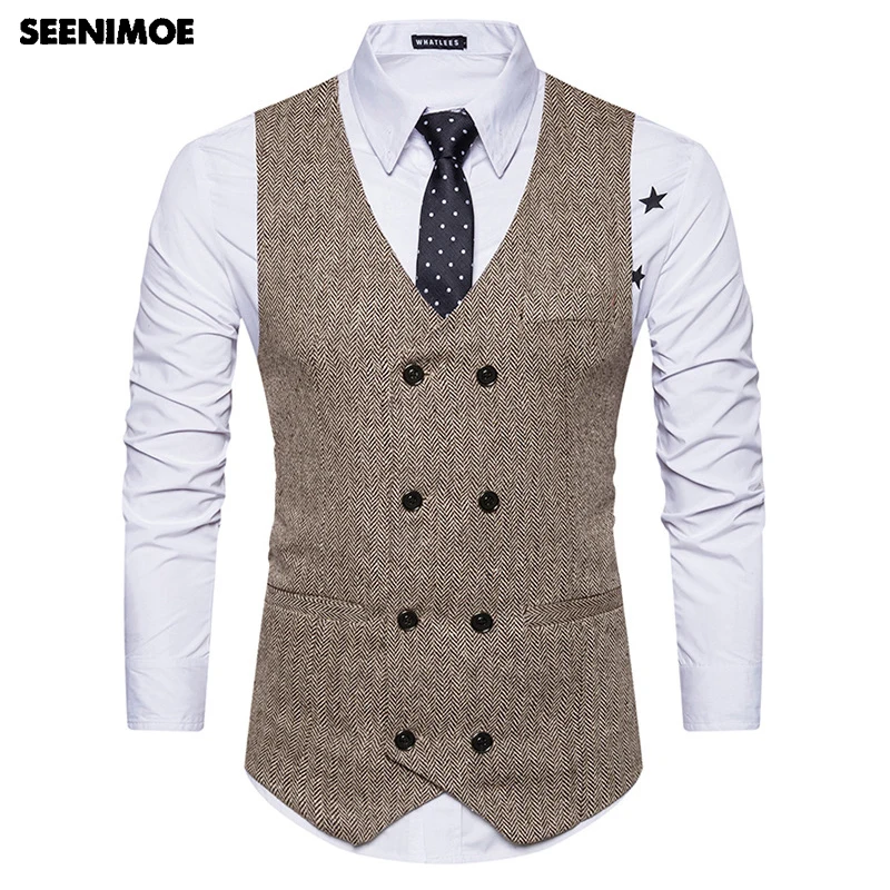 

Seenimoe Mens Vest Formal Blazer Vests Double Breasted V-neck EU Size S-XXL Male Casual Waistcoat