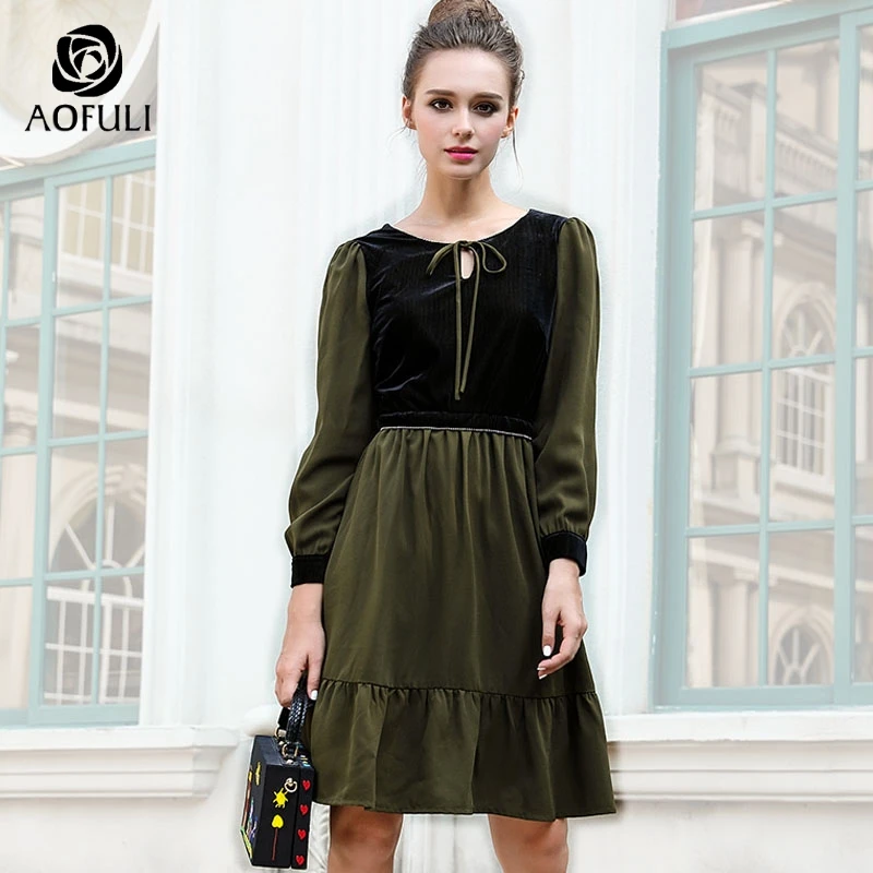 AOFULI M- 4XL 5XL Women Corduroy Patchwork Pleated Dresses Fashion Brand Big Size Ladies Autumn Winter Green Ruffle Dress 6177