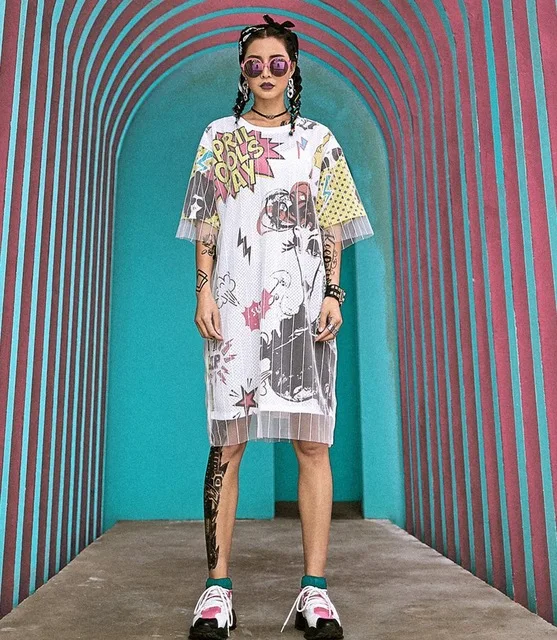 

New 2019 Summer Women Dresses Mesh Two Fake Gauze Short Sleeve Oversize Long T Shirts Dress Streetwear