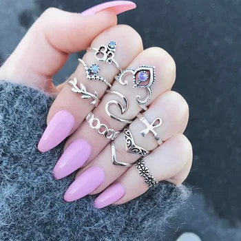 

10pcs/Set Antique Silver Color Cross Crown Crystal Rhinestone Finger Rings For Women Hollow Flower Midi Knuckle Ring Set Jewelry