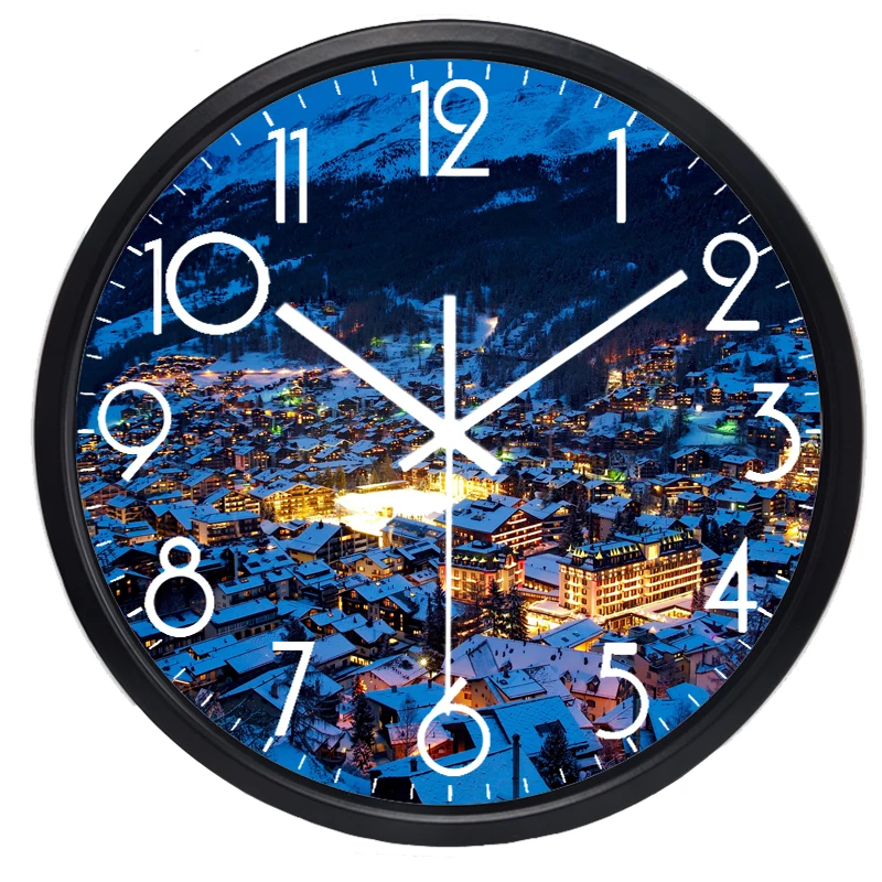 Evening Town Of Switzerland View Wall Clock Real Picture Design Wall