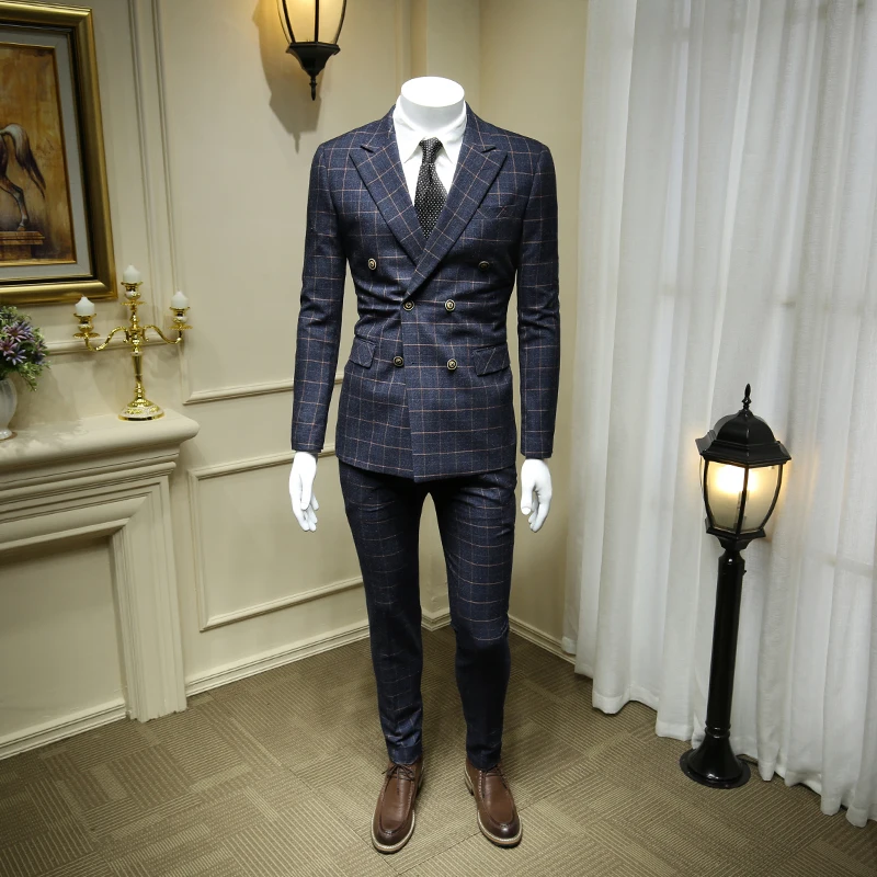 

XM GEEKI Men Wedding Suit Jackets European and American Dark Blue Plaid Double-breasted Suits Male Suit British style 365wt40