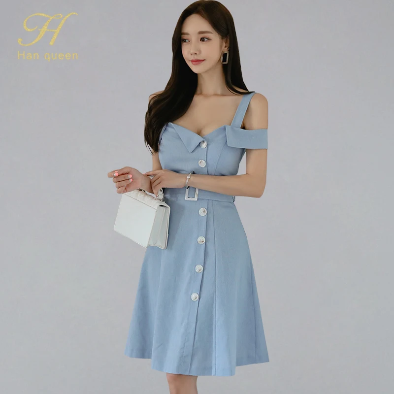 

H Han Queen 2019 New Spaghetti Strap Waist A-line Dress Women Summer Solid Color Dress Sexy Korean Style Sundress Short Vestidos
