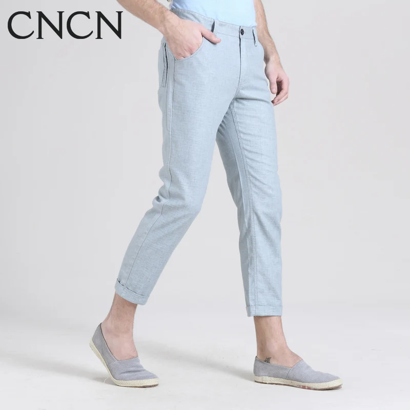 CNCN men's casual pants nine summer linen pants men linen trousers slim