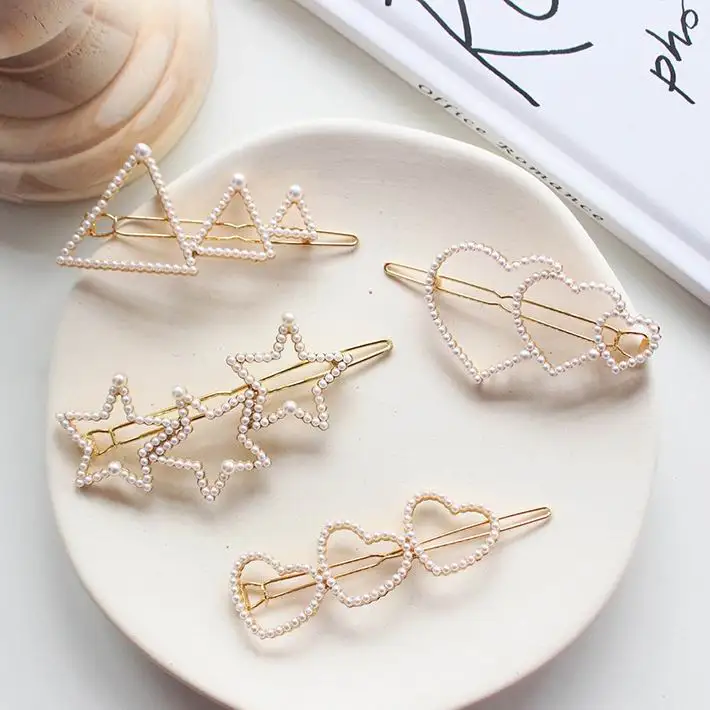 

2019 Spring New Arrival Hair Accessories Hollow Heart Star Hairgrips Imitation Simulated Pearl Geometric Triangle Hairpins Clips