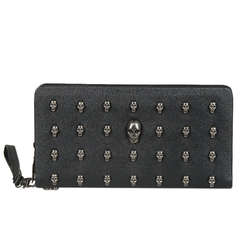 

Men Leather Bag Skull Wallet Personality Clutch Bags Rivets PU Leather Purse Quality Zipper Card Holder Punk Wallets