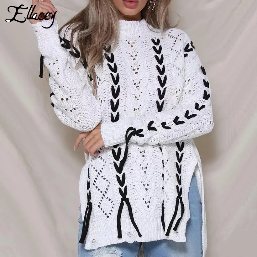 Ellacey 2018 осень выдалбливают Lace-up Sweater Для женщин повязки с поперечной шнуровкой трикотажные пуловеры Свободные Трикотаж Перемычка Топ