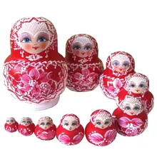 10PCS Wooden Russian Nesting Dolls Braid Girl Traditional Matryoshka Dolls red