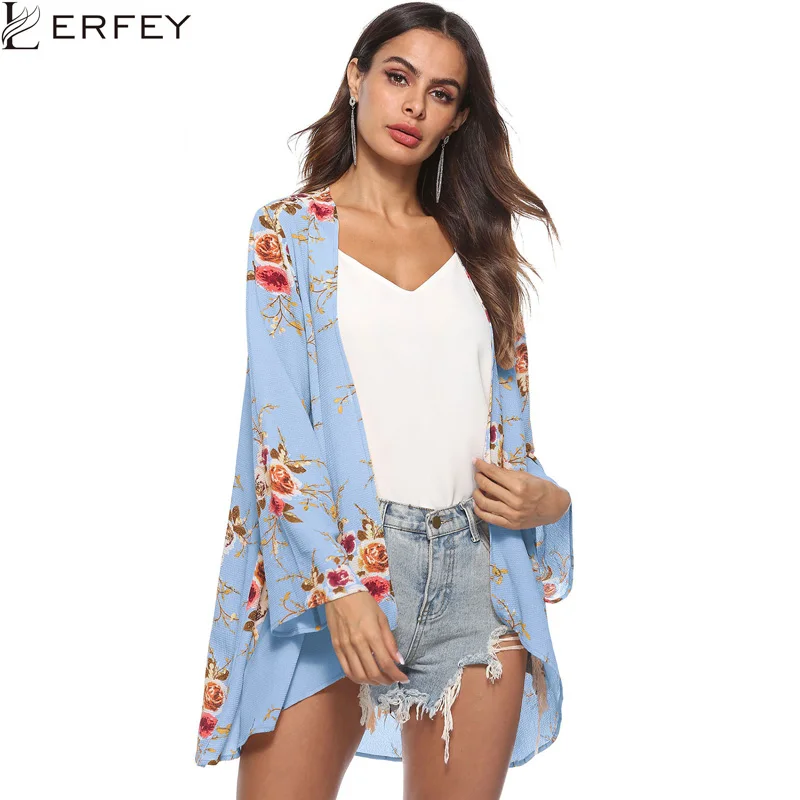 LERFEY Summer Floral Long Kimono Cardigan Women Loose Beach Cover Up