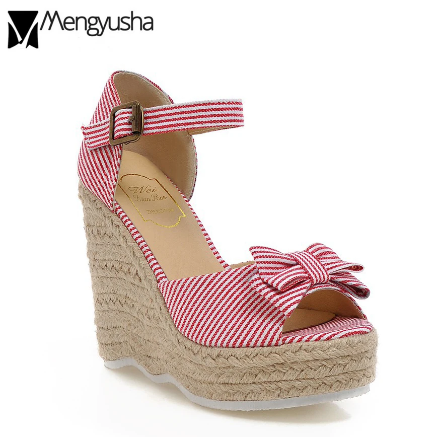

Striped Platform Sandals Women Bow Slippers Summer Open Toe Wedges Shoes Ankle Strap Bowknot Flipflops Espadrilles Beach Slides