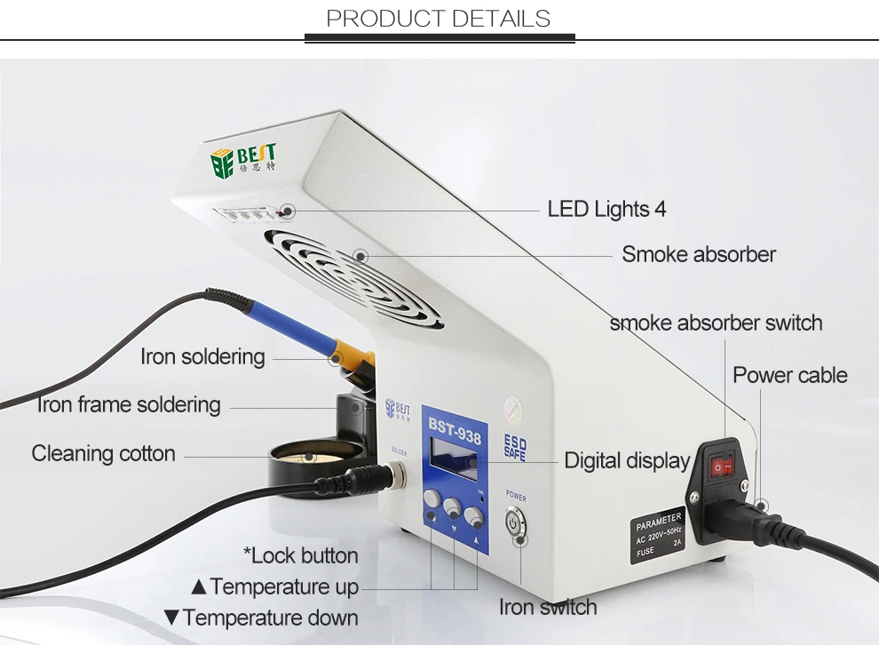 BST-938 220 В/110 В новейший дизайн многофункциональный 3 в 1 светодиодный светильник паяльник поглотитель дыма паяльная станция