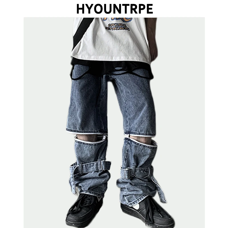 

Men Wide Leg Pants Fashion Hip Hop Zipper Detachable Functional Pants Bottom Belt High Street New Casual Denim Loose Trousers