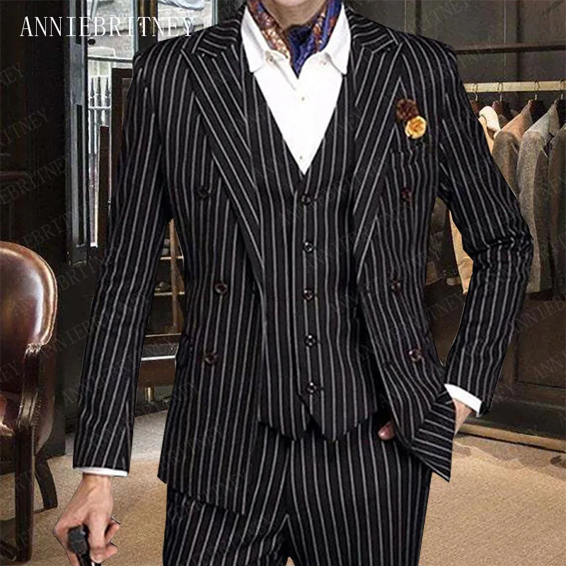 

ANNIEBRITNEY Black Suits Men 2019 Men's Fashion Stripe Blazer Pants Set Slim Fit Groomsmen Wedding Suit Custom Men Suit Tuxedos