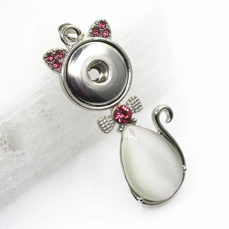 6pcs/lot Snap Button Necklace Silver Cat interchangeable Pendant With Pink Crystal For Women 18mm DIY Jewelry | Украшения и