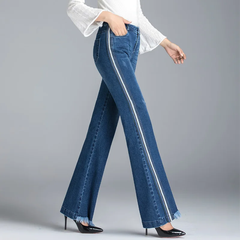 Модные повседневные женские Лоскутные эластичные полосатые джинсы с кисточками, брюки, женские Стрейчевые Широкие джинсовые брюки с высокой талией