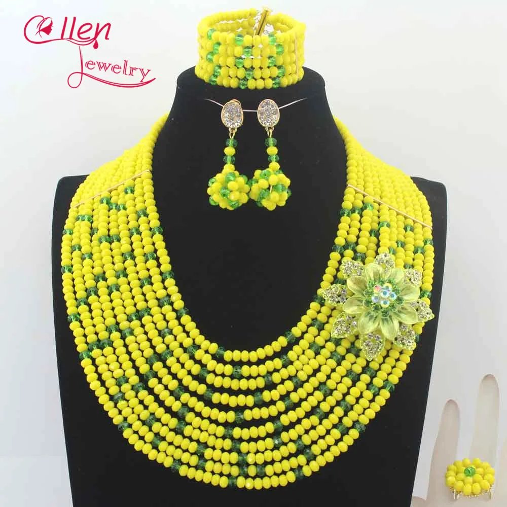 New Arrived Nigeria Wedding Beads Set Necklace Yellow And Green African
