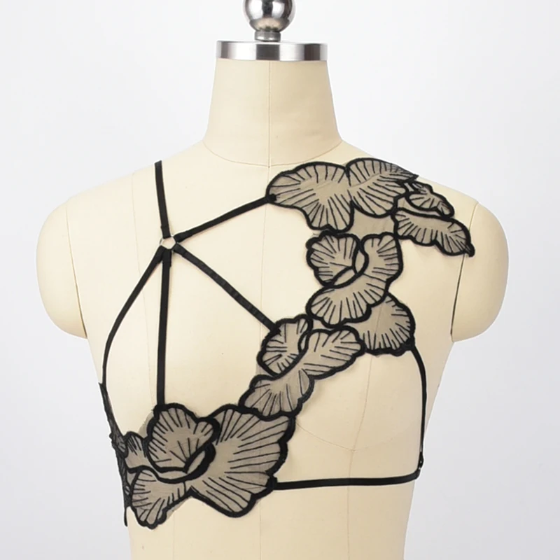 Black Gothic Body Lace Harness Sexy Body Harness Bondage Fetish Top Harness Bra Sheer Flowers Cage Bra Hollow Out Bralette