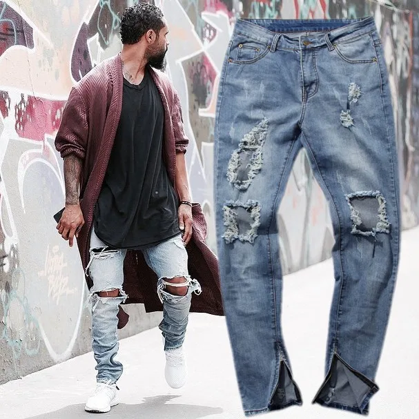 Hip Hop street ripped fashion washing denim pants tied