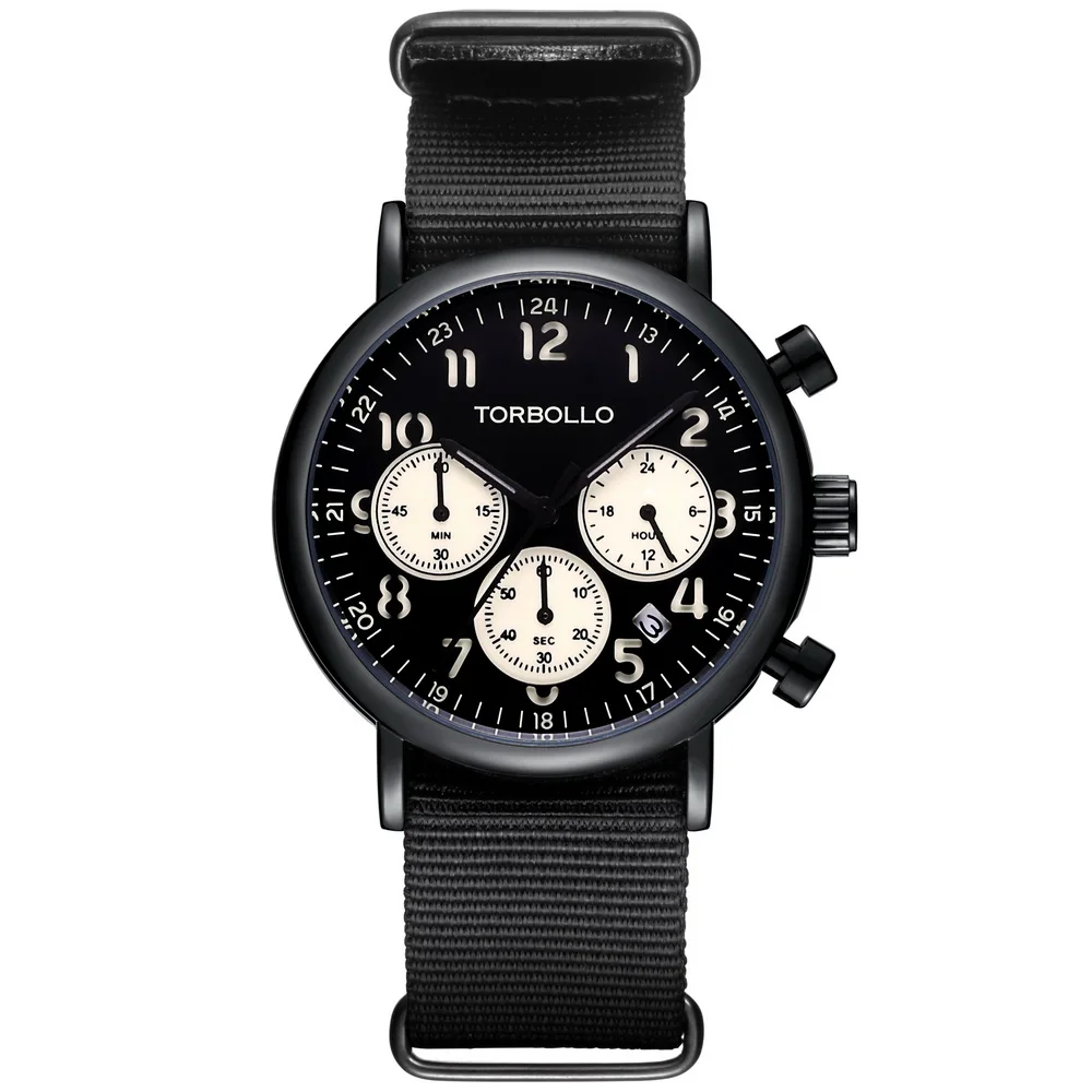 

High Quality Canvas Band Quartz Chronograph Watch Multifunction Men Sport Watch Black Clock