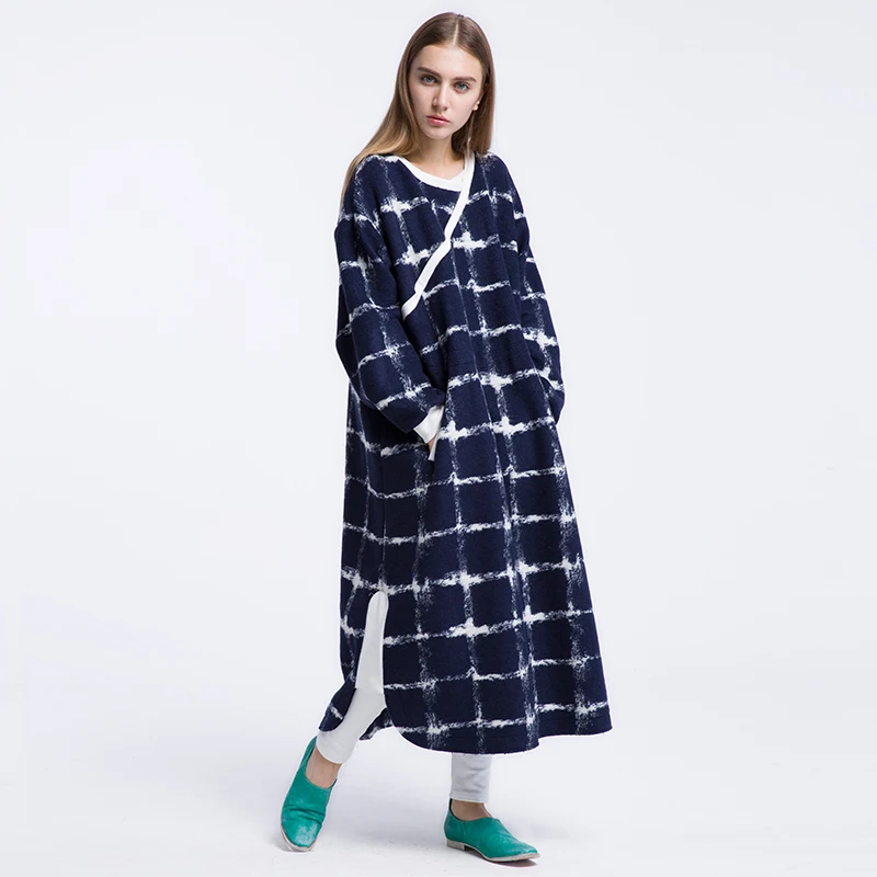 Lâche Laine Nouvelle 2016 Automne Casual Ch220 Originale Longues Bleu Manches Maxi Arrivée Taille Conception Femmes Robe Plaid La Plus Réglable FYYgqB6