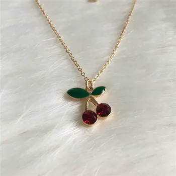 

SWEET GOLD COLOR PLATING RED STONE WITH GREEN ENAMEL CHERRY PENDANT NECKLACE FOR WOMEN GIRL