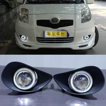 Ownsun COB Anelli Occhio di Angelo Obiettivo Del Proiettore con 3000 K Alogena Fonte della lampada Nero Fendinebbia Paraurti Copertura Per Toyota Yaris 2007-09