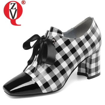 

ZVQ shoes women 2019 spring newest fashion square toe genuine leather plaid women pumps cross-tied outside high hoof heels shoes