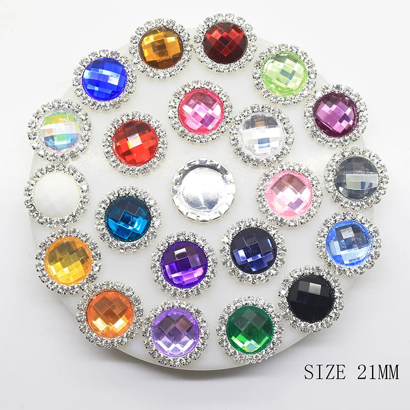 

New 10pcs/set 21mm Colorful Diamond Button Snap Flatback Buttons Crystal for Wedding Bouquet Child Hair Ribbon Decorative