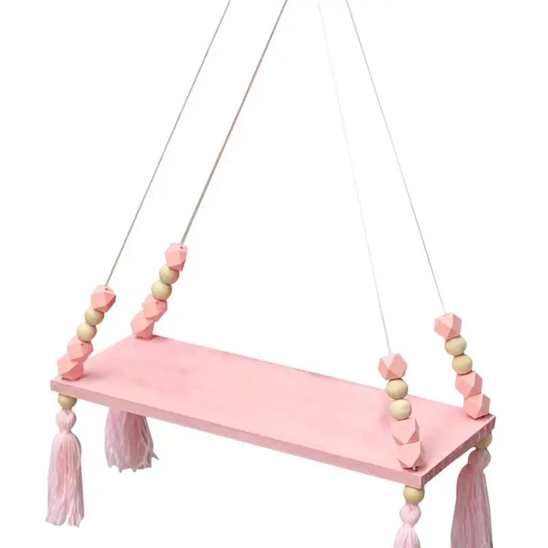 

1PC Cute Lovely Nordic Romantic Wood Wall Shelves Organizer with Pink Beads and Tassel Kids Room Decoration Wood Hanger