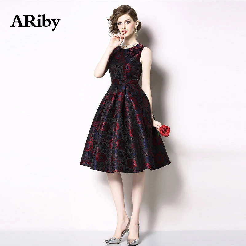 Party Dress Women Elegant Dress 2019 New Summer Lady Fashion Vintage Floral Printed Sleeveless O-Neck A-Line Red Dress Plus Size