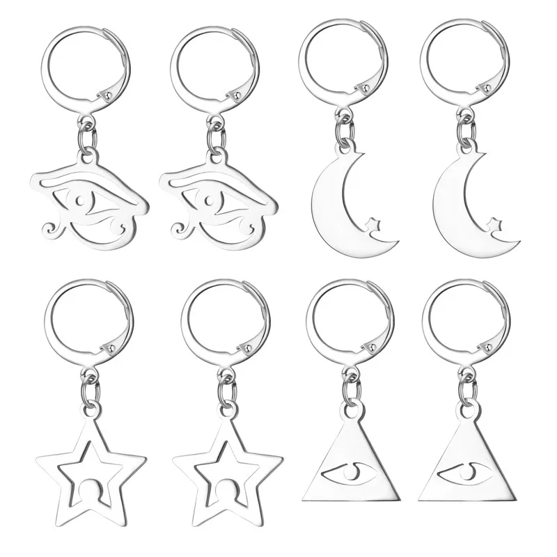

1Pair Charm Hollow Star Moon Stainless Steel Hoop Earrings With Pendant Women Simple Silver Color Eye Earrings Jewelry E162