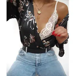 Пикантные глубоким v-образным вырезом туника блузка Для женщин 2018 Лето длинными расклешенными рукавами цветочный Хлопковая блузка Femme