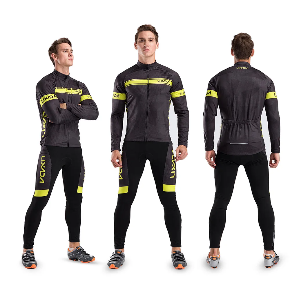 Lixada Mens Cycling Jersey Set Winter Long Sleeve Thermal Fleece Cycling Clothing Windproof Cycling Jacket Coat 3D Padded Pants Trousers