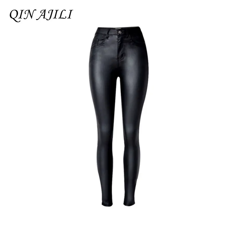 

QIN AJILI New For women's Jeans Full Length Sexy Skinny PU Pencil Pants High Wasit Zip Denim Jean Pants For Lady Moto Biker Jean