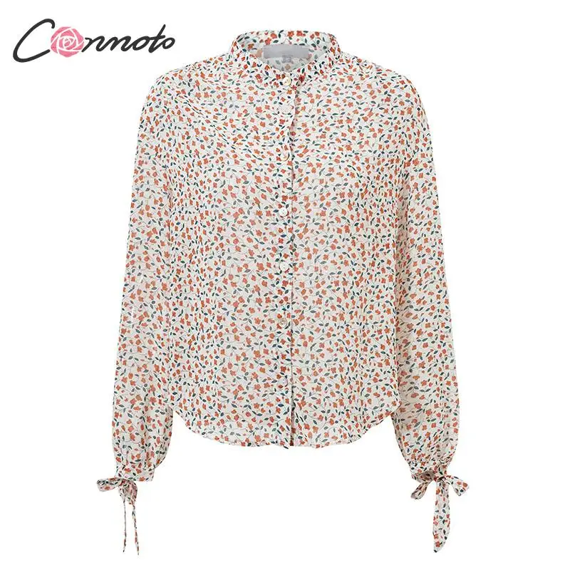 Conmoto Винтажные топы и блузки с принтом абрикосами, топы и блузки с длинными рукавами, модная шифоновая блузка с рукавами-фонариками, летняя женская рубашка, лето - Цвет: Apricot