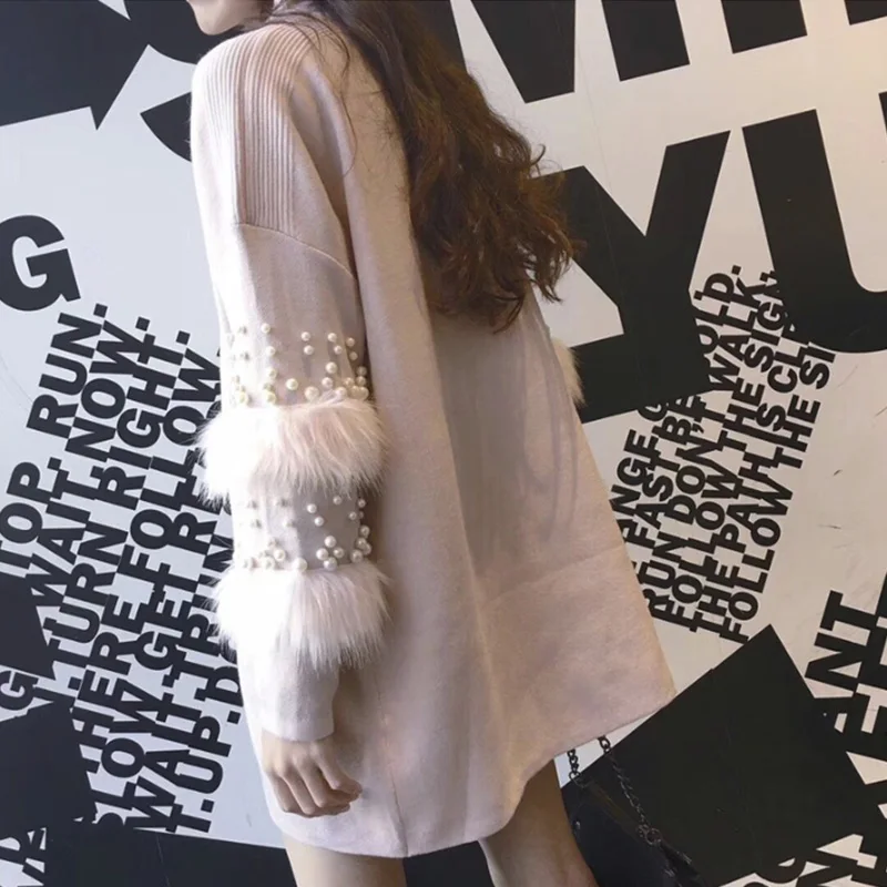 Winter Long Sweaters Women Casual Pullover Jumpers Real Rabbit Fur Sweater pull femme Pullovers bead Pearl turtleneck jumper