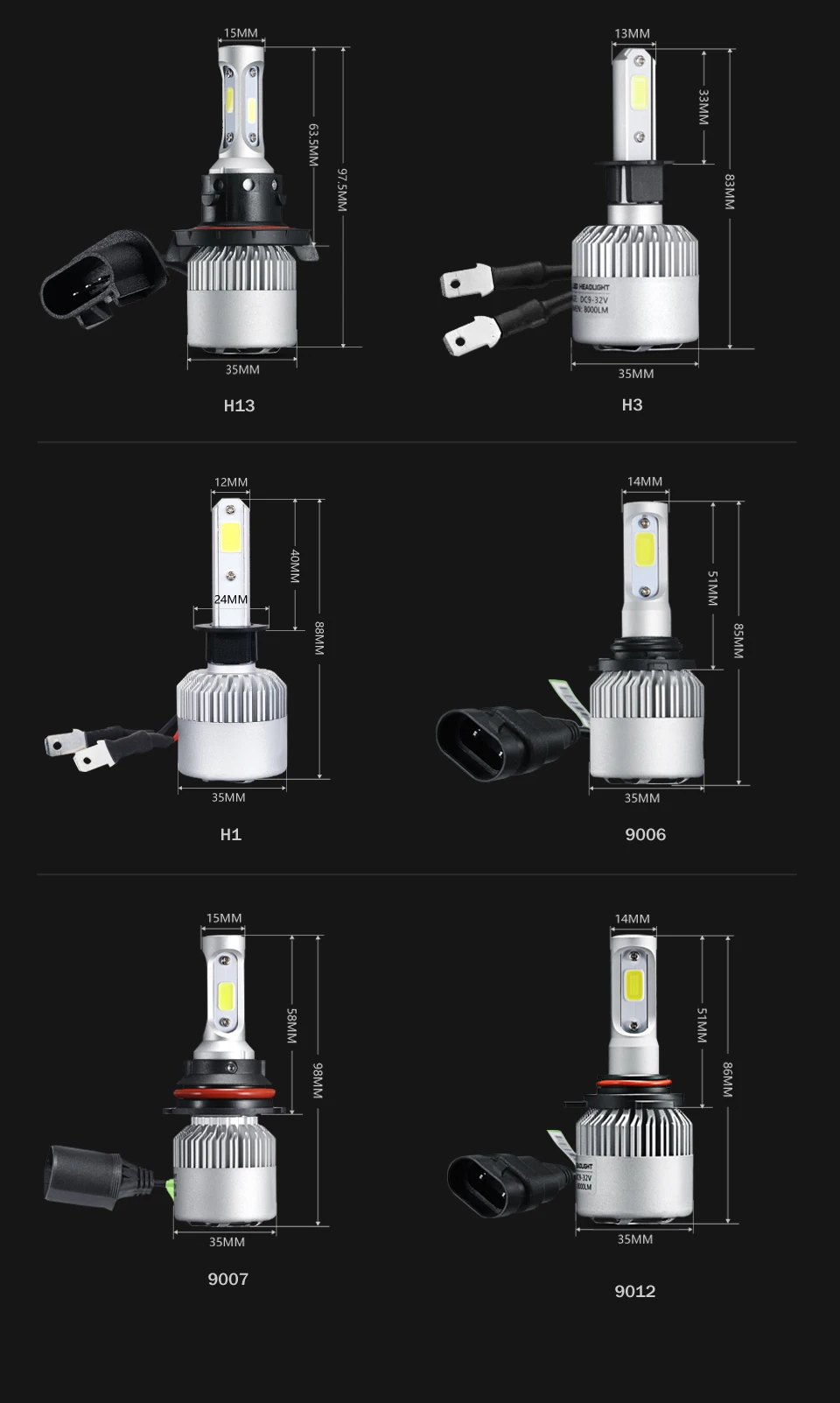 AUXMART H4 H7 светодиодные лампы для автомобильных фар Hi-Lo Луч 72 Вт 6500 к COB чипы H13 9012 9005 9006 9007 H1 H3 H11 Автомобильные светодиодные фары