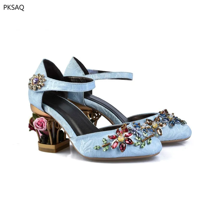

Spring Flowers Heels Ladies Wedding Dance Party Shoes Women Retro Crystal Model Show Pumps Shoes Crystal Flock Sandals Shoes B
