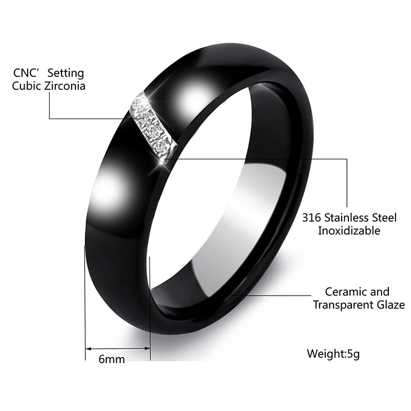 6mm Womens Ring Ceramic Classic Black White Smooth India Stone Crystal Jewelry Fashion Wedding Engagement
