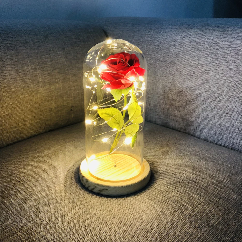 

Glass Dome Light Silk Sesame Flower Lights with LED Light Strings Saved on Wooden Base for Valentine's Day (Rose Red)