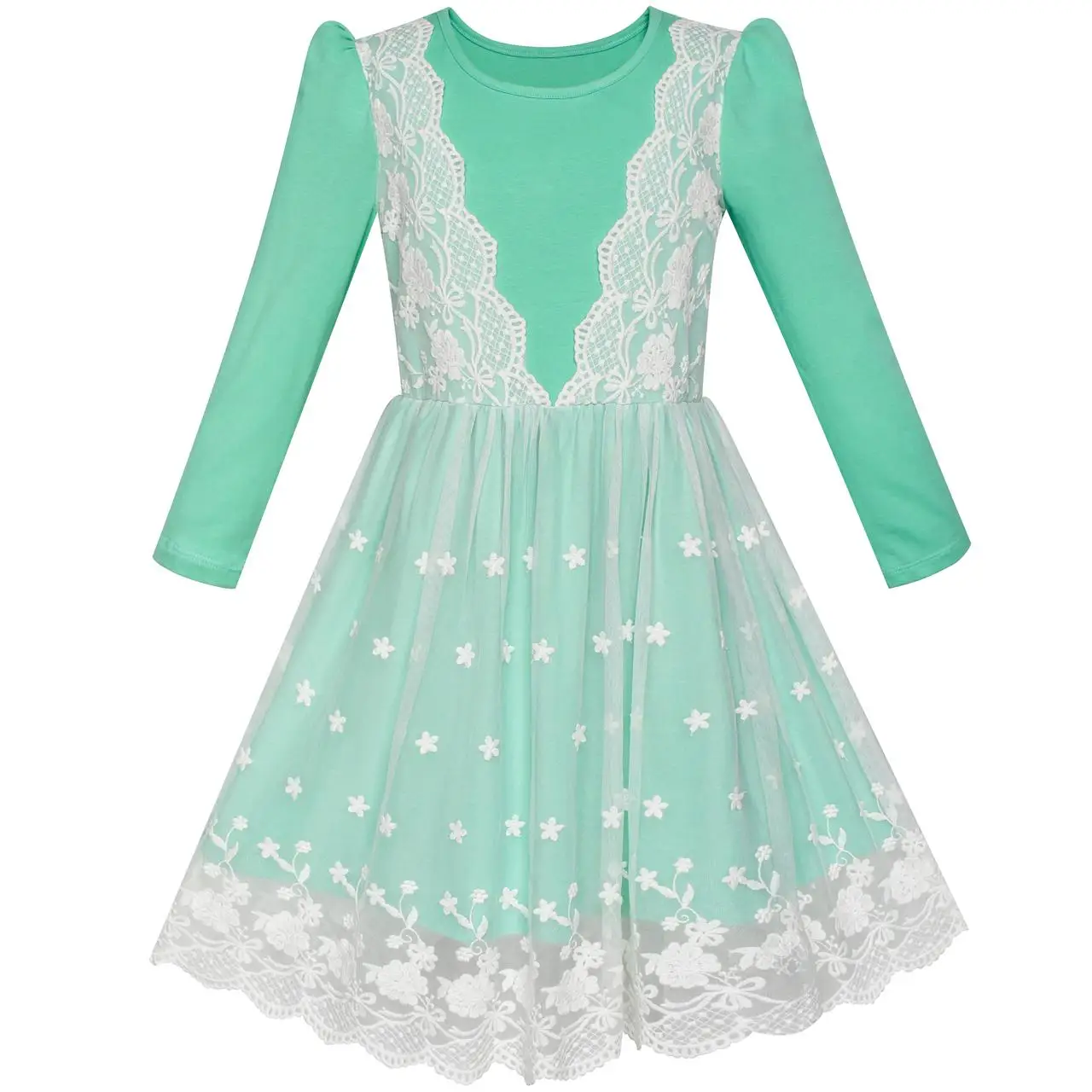 Sunny Fashion платья для девочек Цветок Девушка Платье Бирюзовый Длинный рукав Кружево