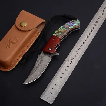 

Hysenss ELK Damascus Tactical Folding Knife Abalone Shell Handle Outdoor Camping Hunting Survival Pocket Utility EDC Tools