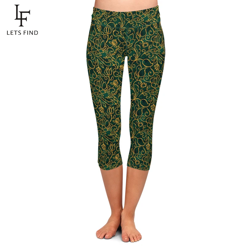 

LetsFind Summer New Fashion Women Fitness Capri Leggings Flower Print Mid-Calf 3/4 High Waist Stretch Plus Size Casual Leggings