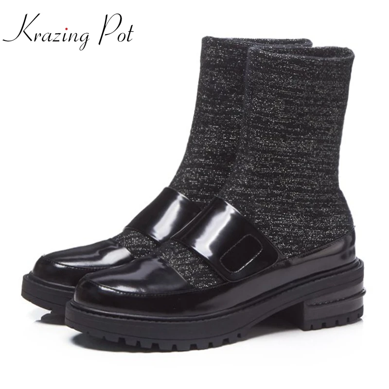 

Krazing Pot genuine leather knitting keep warm platform increasing round toe slip on long leg lady stretch mid-calf boots L31