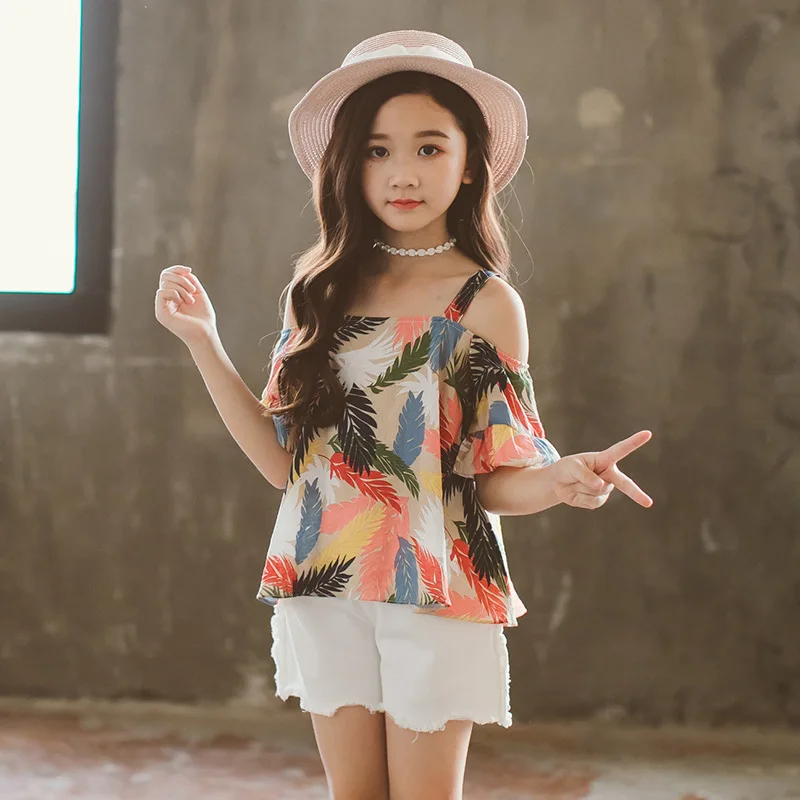 Корейская летняя одежда для девочек детская одежда для подростков г. Повседневные блузки и шорты Детский спортивный костюм из двух предметов для девочек, комплект - Цвет: As Photo