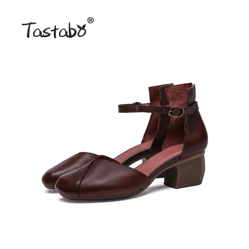Tastabo натуральная кожа Для женщин обувь с ремнем и пряжкой высокий каблук дизайн простой Повседневный стиль; цвет коричневый, черный S19051 высокого туфли на каблуке - Цвет: Brown